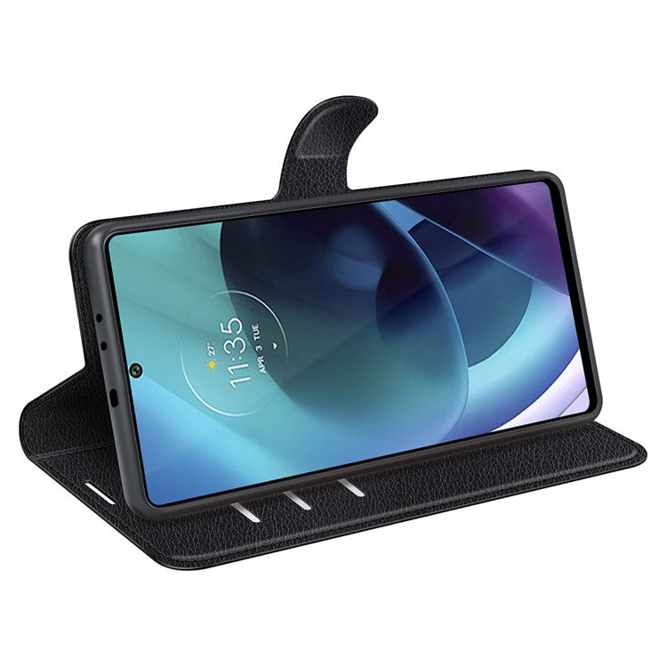 PU Leather Coated TPU Mobile Phone Bag Case Litchi Texture Scratch-resistant Stand Wallet Flip Protective Phone Cover for Motorola Moto G71 5G - Black