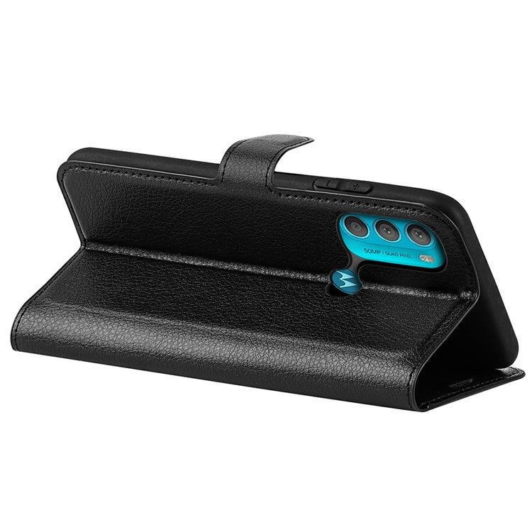 PU Leather Coated TPU Mobile Phone Bag Case Litchi Texture Scratch-resistant Stand Wallet Flip Protective Phone Cover for Motorola Moto G71 5G - Black