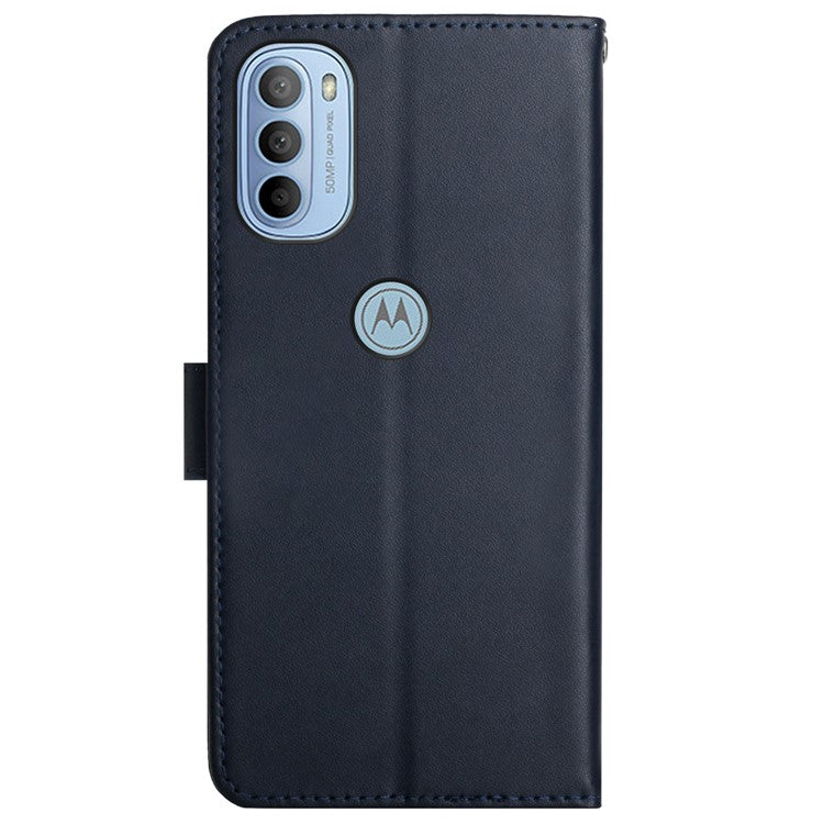 Folio Flip Solid Color Nappa Texture Genuine Leather Phone Case Viewing Stand Wallet Cover for Motorola Moto G51 5G - Blue