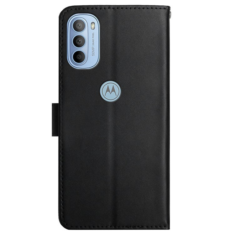 Folio Flip Solid Color Nappa Texture Genuine Leather Phone Case Viewing Stand Wallet Cover for Motorola Moto G51 5G - Black