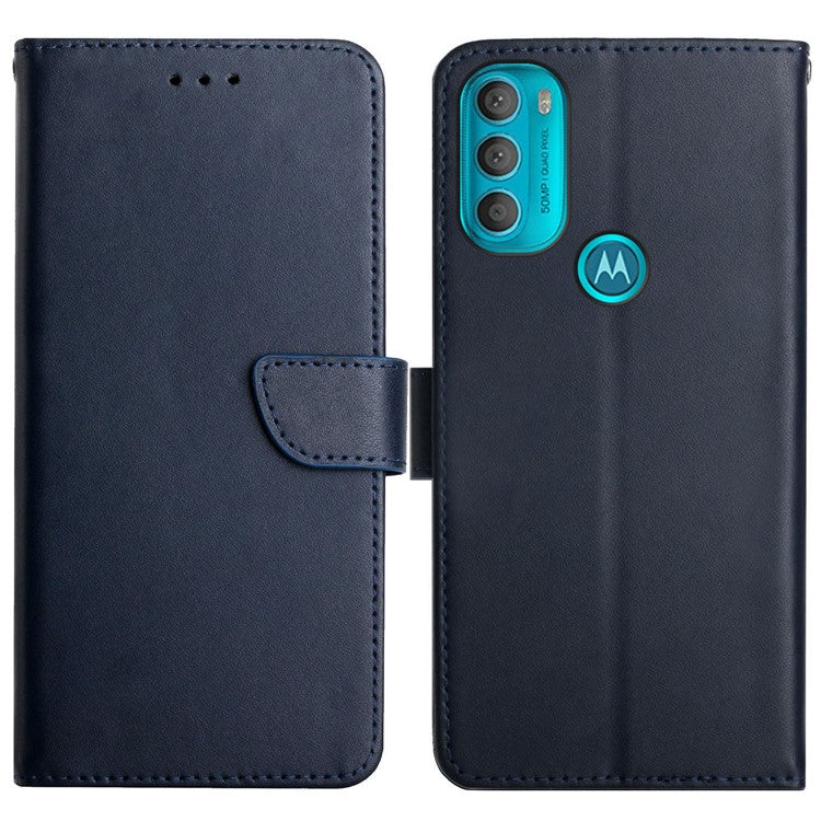 Impact Buffer Nappa Texture Genuine Leather Phone Case Viewing Stand Wallet Cover for Motorola Moto G71 5G - Blue