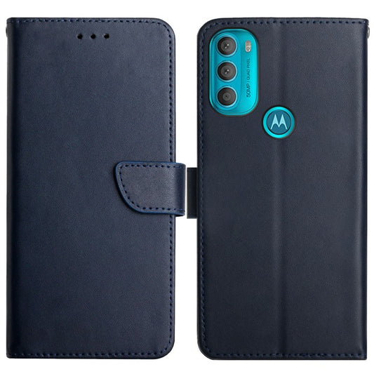 Impact Buffer Nappa Texture Genuine Leather Phone Case Viewing Stand Wallet Cover for Motorola Moto G71 5G - Blue