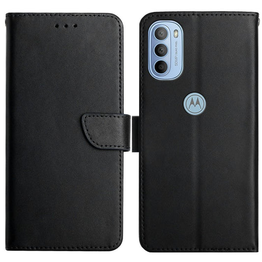 Folio Flip Mobile Phone Shell Nappa Texture Genuine Leather Phone Case Magnetic Closure Stand Wallet Cover for Motorola Moto G31 4G/G41 4G - Black