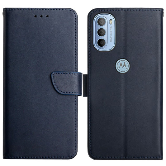 Folio Flip Mobile Phone Shell Nappa Texture Genuine Leather Phone Case Magnetic Closure Stand Wallet Cover for Motorola Moto G31 4G/G41 4G - Blue