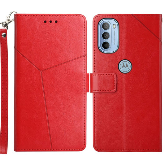 PU Leather + TPU Phone Protector Shell Y-shaped Lines Imprinted Handy Strap Magnetic Closure Stand Wallet Case for Motorola Moto G31 4G/G41 4G - Red
