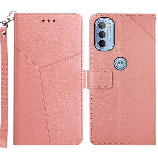 PU Leather + TPU Phone Protector Shell Y-shaped Lines Imprinted Handy Strap Magnetic Closure Stand Wallet Case for Motorola Moto G31 4G/G41 4G - Pink