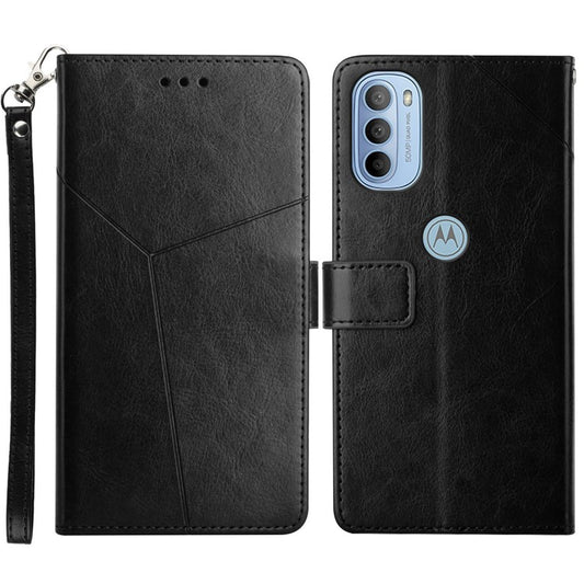 PU Leather + TPU Phone Protector Shell Y-shaped Lines Imprinted Handy Strap Magnetic Closure Stand Wallet Case for Motorola Moto G31 4G/G41 4G - Black