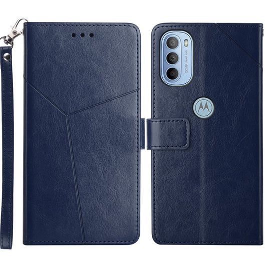 PU Leather + TPU Phone Protector Shell Y-shaped Lines Imprinted Handy Strap Magnetic Closure Stand Wallet Case for Motorola Moto G31 4G/G41 4G - Blue