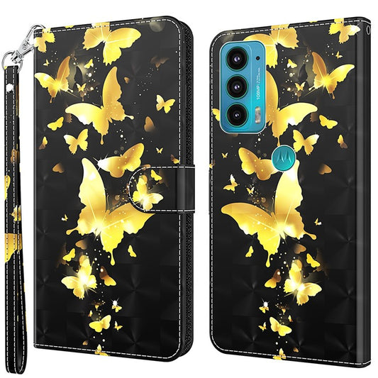 PU Leather Shockproof Phone Cover 3D Pattern Printing Stand Phone Case with Wallet Strap for Motorola Moto E20/E30/E40 - Golden Butterfly