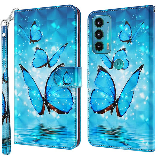 PU Leather Shockproof Phone Cover 3D Pattern Printing Stand Phone Case with Wallet Strap for Motorola Moto E20/E30/E40 - Blue Butterflies