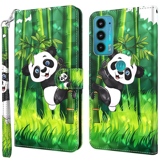 PU Leather Shockproof Phone Cover 3D Pattern Printing Stand Phone Case with Wallet Strap for Motorola Moto E20/E30/E40 - Panda Climbing