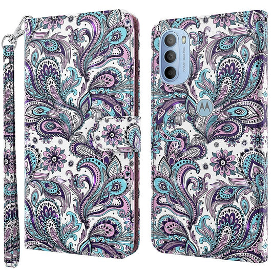 3D Pattern Printing PU Leather Phone Case Wallet Stand Feature Flip Folio Cover with Strap for Motorola Moto G31 4G/G41 4G - Purple Impatiens