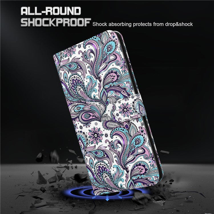 3D Pattern Printing PU Leather Phone Case Wallet Stand Feature Flip Folio Cover with Strap for Motorola Moto G31 4G/G41 4G - Purple Impatiens