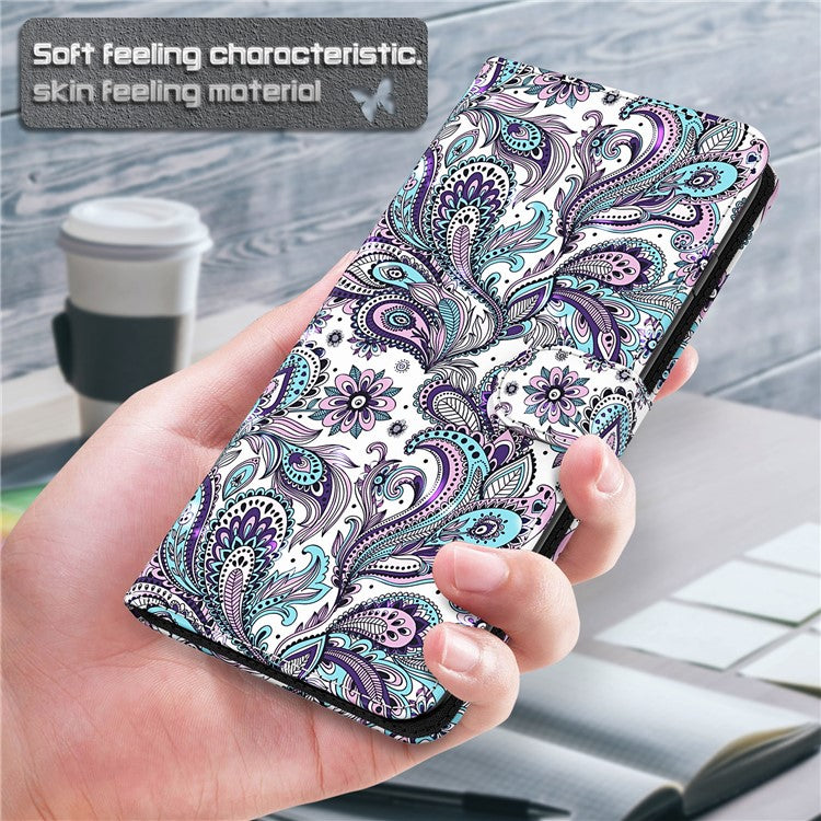 3D Pattern Printing PU Leather Phone Case Wallet Stand Feature Flip Folio Cover with Strap for Motorola Moto G31 4G/G41 4G - Purple Impatiens
