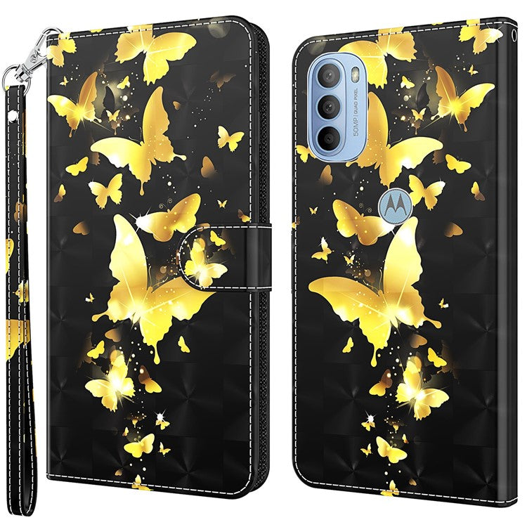 3D Pattern Printing PU Leather Phone Case Wallet Stand Feature Flip Folio Cover with Strap for Motorola Moto G31 4G/G41 4G - Golden Butterfly
