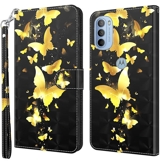 3D Pattern Printing PU Leather Phone Case Wallet Stand Feature Flip Folio Cover with Strap for Motorola Moto G31 4G/G41 4G - Golden Butterfly