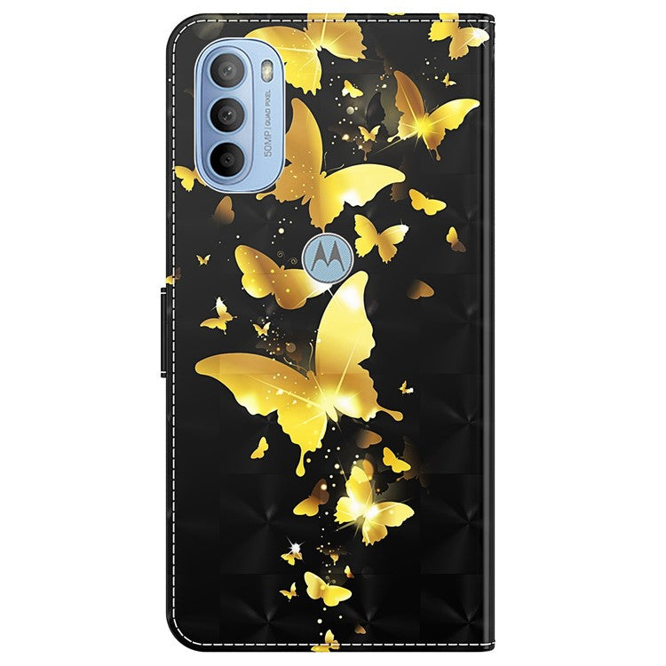 3D Pattern Printing PU Leather Phone Case Wallet Stand Feature Flip Folio Cover with Strap for Motorola Moto G31 4G/G41 4G - Golden Butterfly