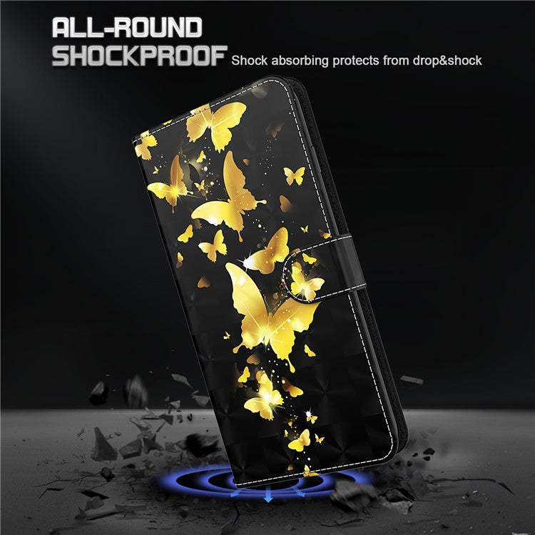 3D Pattern Printing PU Leather Phone Case Wallet Stand Feature Flip Folio Cover with Strap for Motorola Moto G31 4G/G41 4G - Golden Butterfly