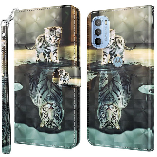 3D Pattern Printing PU Leather Phone Case Wallet Stand Feature Flip Folio Cover with Strap for Motorola Moto G31 4G/G41 4G - Cat and Tiger