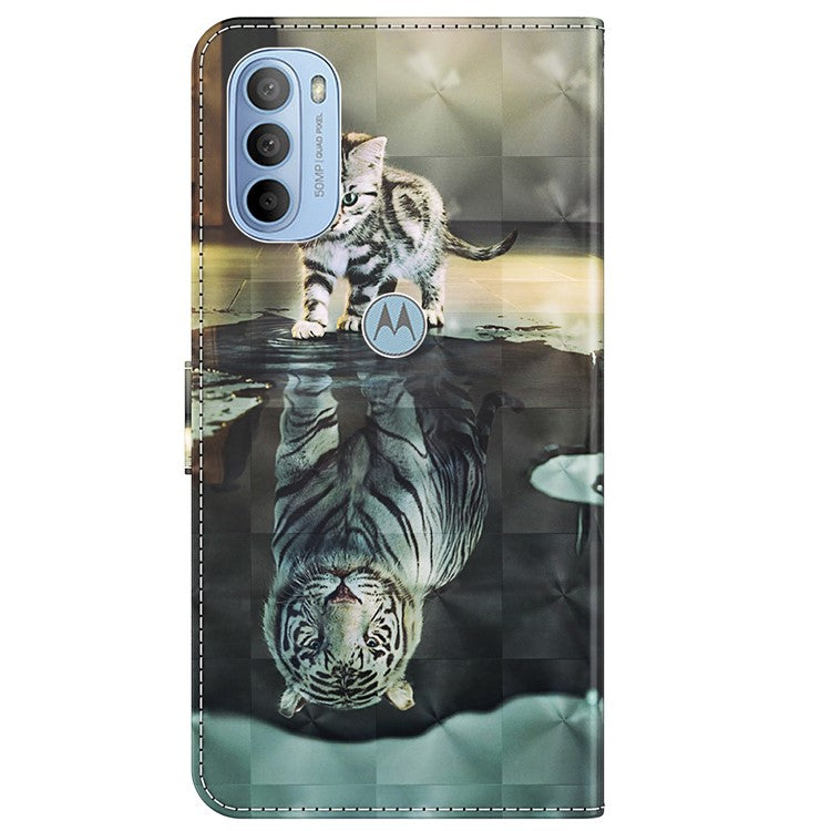 3D Pattern Printing PU Leather Phone Case Wallet Stand Feature Flip Folio Cover with Strap for Motorola Moto G31 4G/G41 4G - Cat and Tiger
