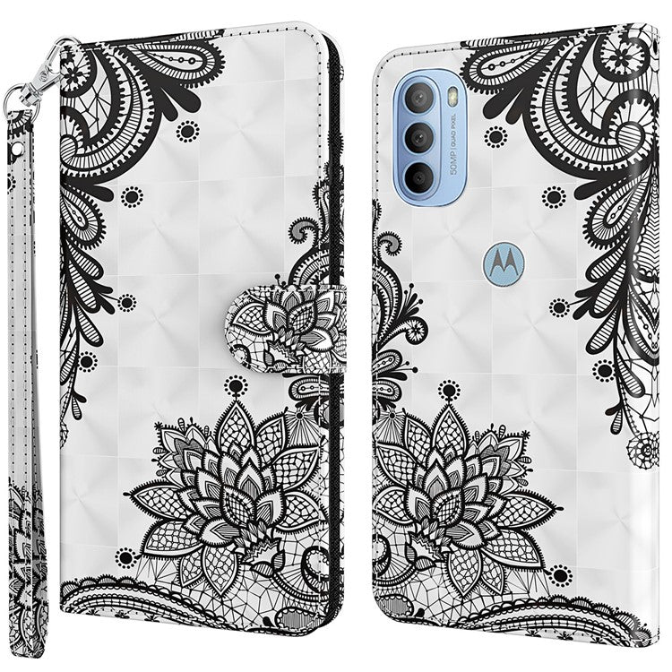 3D Pattern Printing PU Leather Phone Case Wallet Stand Feature Flip Folio Cover with Strap for Motorola Moto G31 4G/G41 4G - Lace Flower