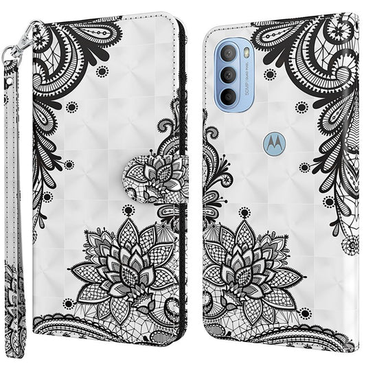 3D Pattern Printing PU Leather Phone Case Wallet Stand Feature Flip Folio Cover with Strap for Motorola Moto G31 4G/G41 4G - Lace Flower