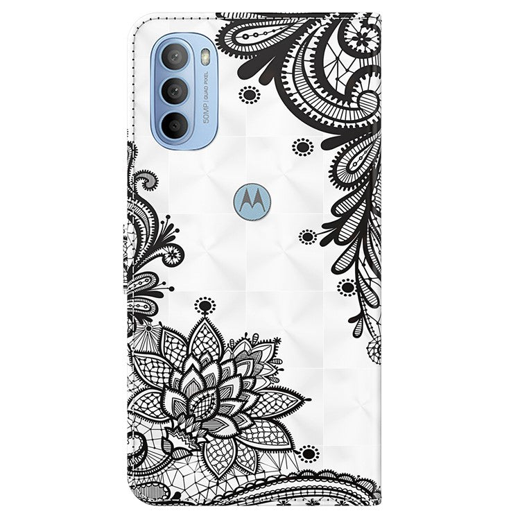 3D Pattern Printing PU Leather Phone Case Wallet Stand Feature Flip Folio Cover with Strap for Motorola Moto G31 4G/G41 4G - Lace Flower