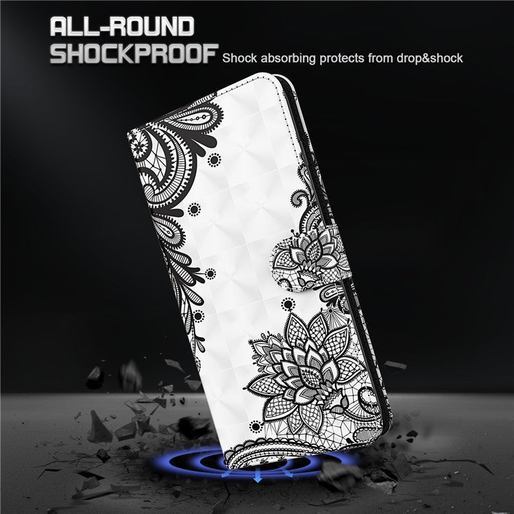 3D Pattern Printing PU Leather Phone Case Wallet Stand Feature Flip Folio Cover with Strap for Motorola Moto G31 4G/G41 4G - Lace Flower