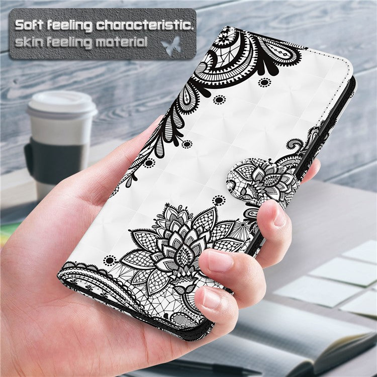 3D Pattern Printing PU Leather Phone Case Wallet Stand Feature Flip Folio Cover with Strap for Motorola Moto G31 4G/G41 4G - Lace Flower