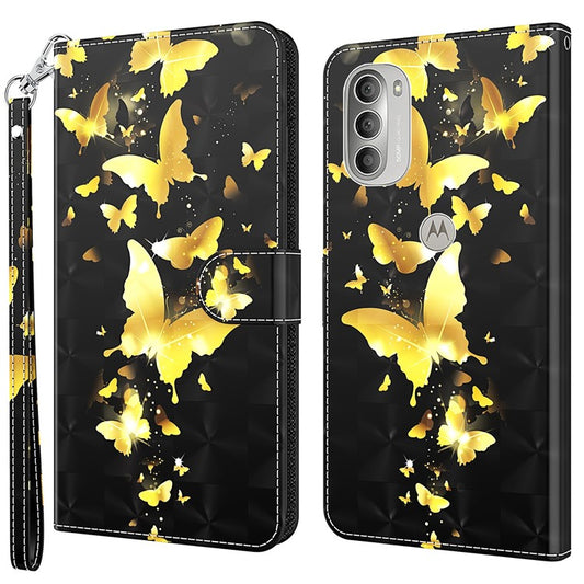 PU Leather Wallet Stand Phone Case 3D Pattern Printing Protective Cover with Strap for Motorola Moto G51 5G - Golden Butterfly