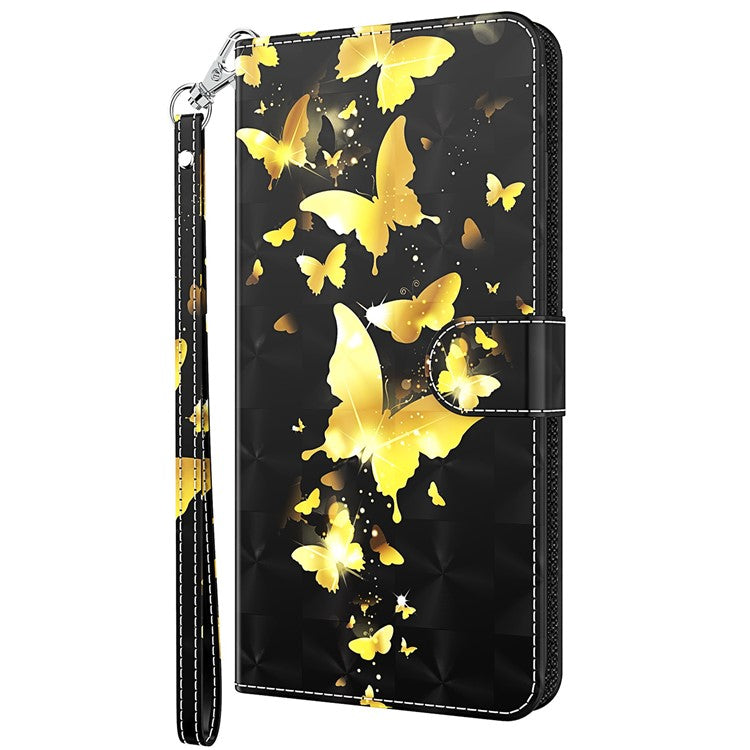 PU Leather Wallet Stand Phone Case 3D Pattern Printing Protective Cover with Strap for Motorola Moto G51 5G - Golden Butterfly
