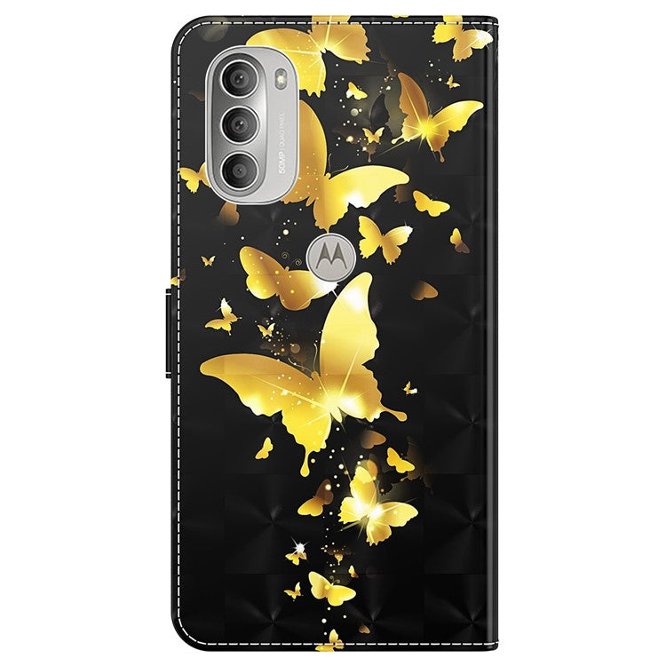PU Leather Wallet Stand Phone Case 3D Pattern Printing Protective Cover with Strap for Motorola Moto G51 5G - Golden Butterfly