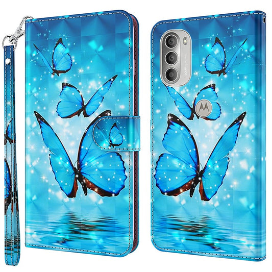 PU Leather Wallet Stand Phone Case 3D Pattern Printing Protective Cover with Strap for Motorola Moto G51 5G - Blue Butterflies