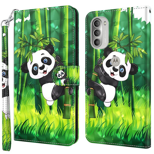 PU Leather Wallet Stand Phone Case 3D Pattern Printing Protective Cover with Strap for Motorola Moto G51 5G - Panda Climbing