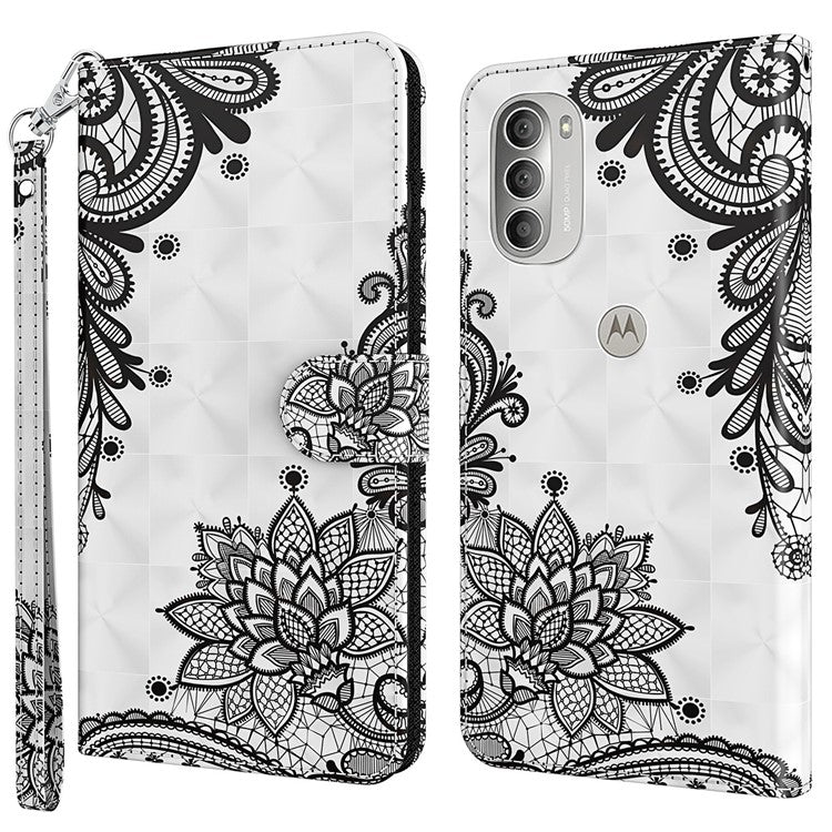 PU Leather Wallet Stand Phone Case 3D Pattern Printing Protective Cover with Strap for Motorola Moto G51 5G - Lace Flower