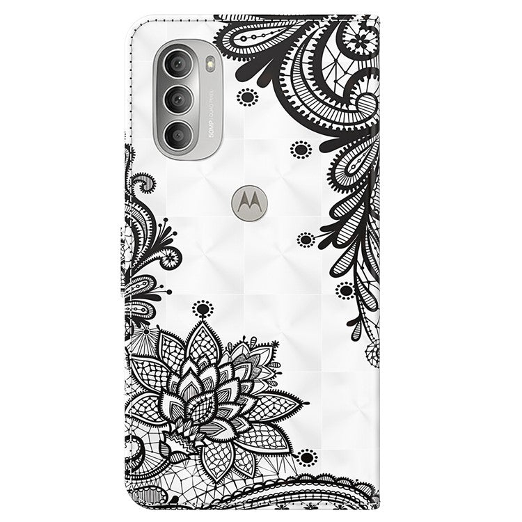 PU Leather Wallet Stand Phone Case 3D Pattern Printing Protective Cover with Strap for Motorola Moto G51 5G - Lace Flower