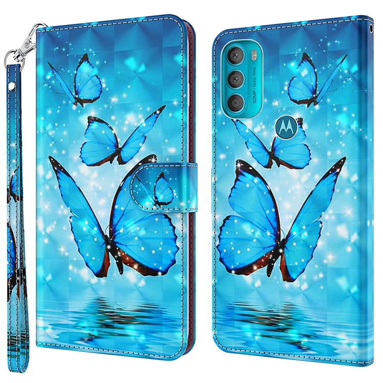 Stand PU Leather Phone Protector 3D Pattern Printing Phone Case with Wallet Strap for Motorola Moto G71 5G - Blue Butterflies