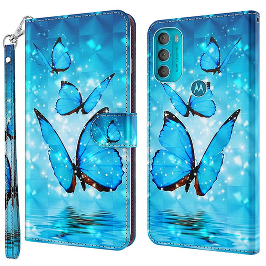 Stand PU Leather Phone Protector 3D Pattern Printing Phone Case with Wallet Strap for Motorola Moto G71 5G - Blue Butterflies