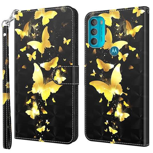 Stand PU Leather Phone Protector 3D Pattern Printing Phone Case with Wallet Strap for Motorola Moto G71 5G - Golden Butterfly
