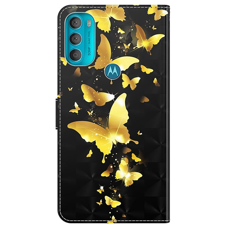 Stand PU Leather Phone Protector 3D Pattern Printing Phone Case with Wallet Strap for Motorola Moto G71 5G - Golden Butterfly