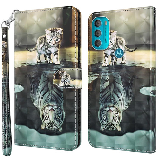 Stand PU Leather Phone Protector 3D Pattern Printing Phone Case with Wallet Strap for Motorola Moto G71 5G - Cat and Tiger