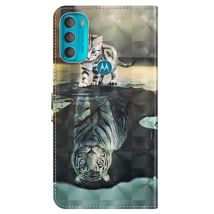 Stand PU Leather Phone Protector 3D Pattern Printing Phone Case with Wallet Strap for Motorola Moto G71 5G - Cat and Tiger