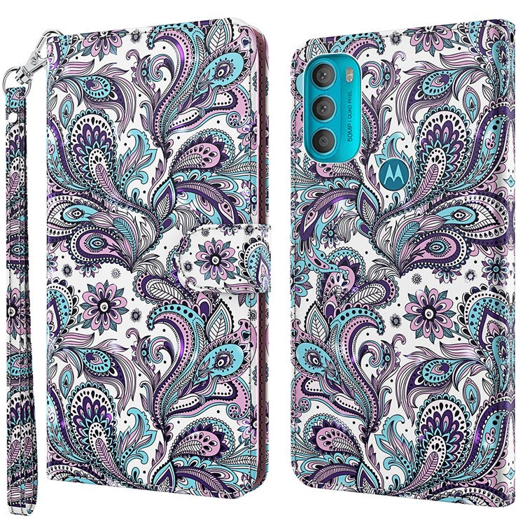 Stand PU Leather Phone Protector 3D Pattern Printing Phone Case with Wallet Strap for Motorola Moto G71 5G - Purple Impatiens