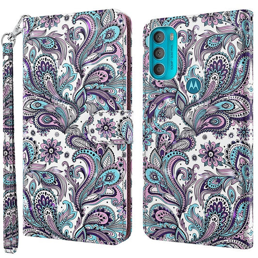 Stand PU Leather Phone Protector 3D Pattern Printing Phone Case with Wallet Strap for Motorola Moto G71 5G - Purple Impatiens