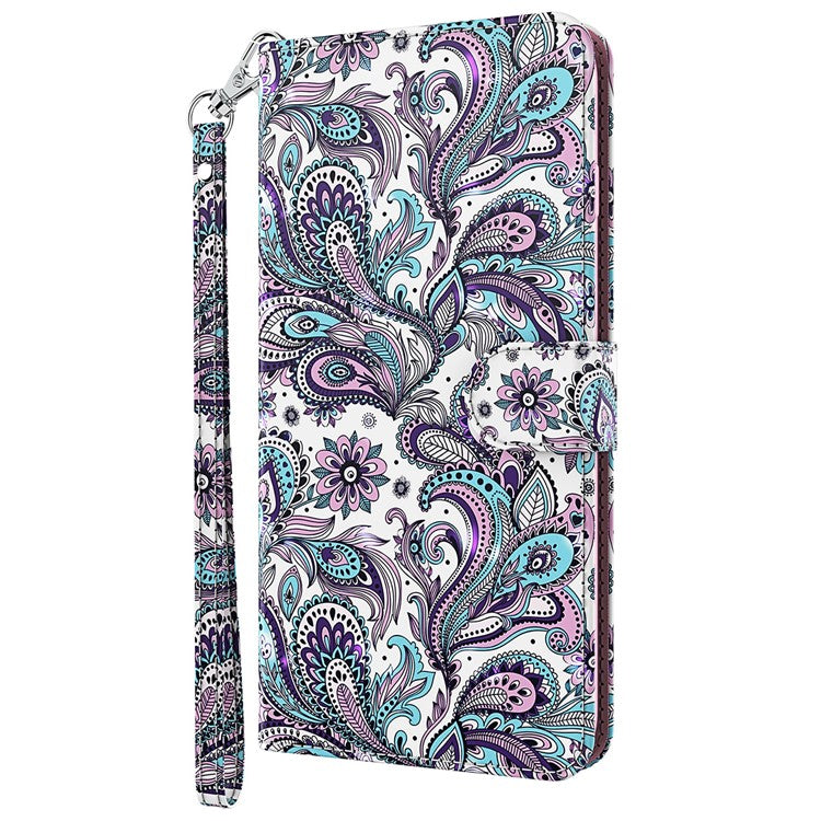 Stand PU Leather Phone Protector 3D Pattern Printing Phone Case with Wallet Strap for Motorola Moto G71 5G - Purple Impatiens