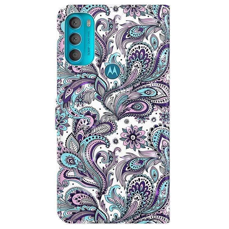 Stand PU Leather Phone Protector 3D Pattern Printing Phone Case with Wallet Strap for Motorola Moto G71 5G - Purple Impatiens