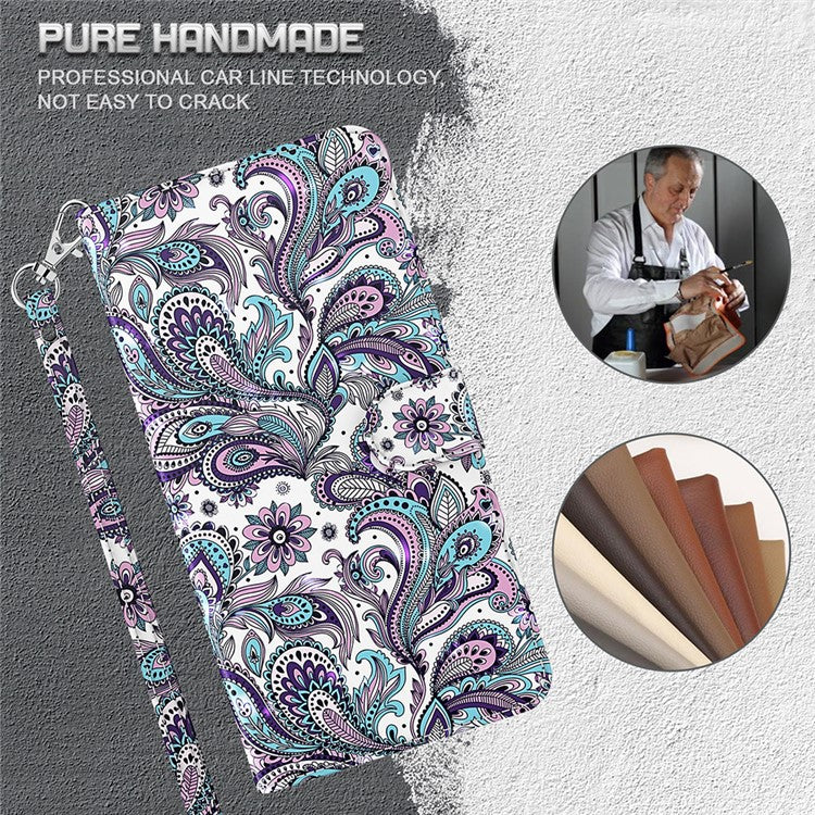 Stand PU Leather Phone Protector 3D Pattern Printing Phone Case with Wallet Strap for Motorola Moto G71 5G - Purple Impatiens