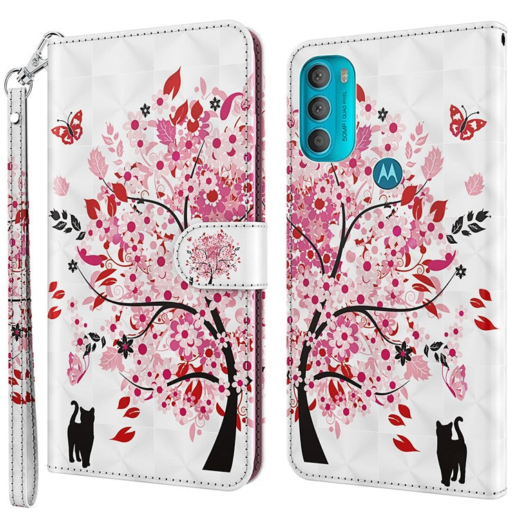 Stand PU Leather Phone Protector 3D Pattern Printing Phone Case with Wallet Strap for Motorola Moto G71 5G - Wish Tree