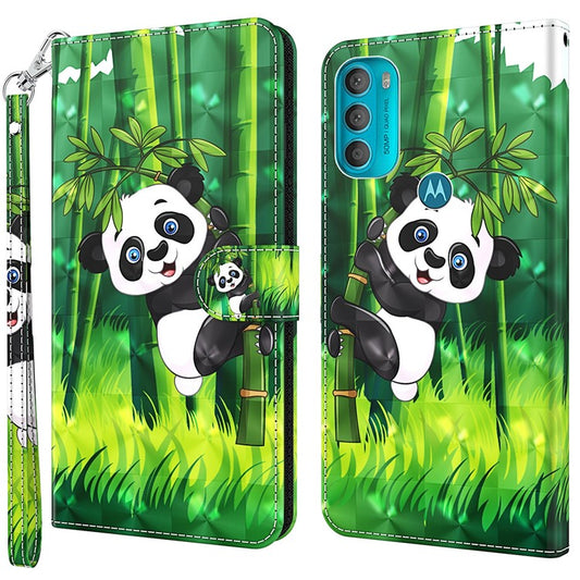 Stand PU Leather Phone Protector 3D Pattern Printing Phone Case with Wallet Strap for Motorola Moto G71 5G - Panda Climbing