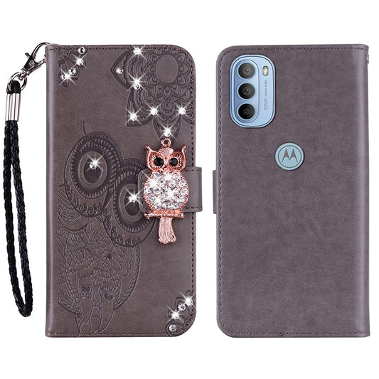 Rhinestone Decor PU Leather Shell Wallet Stand Owl Flower Imprinting Phone Case Cover with Strap for Motorola Moto G31 4G/G41 4G - Grey